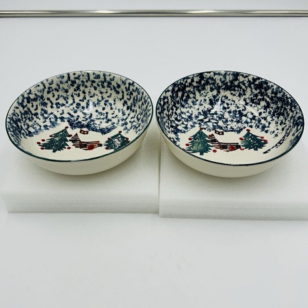 Tienshan Folk Craft Cabin in the Snow Red Dot 6.5" Cereal Bowls Set of 2 Holiday